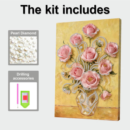 DIY Pearl Art Painting Handcraft Kit for Adults Beginners, Creative Design, Healing Stress-Relieving Home Wall Decoration, with Framed Painting and Tools-Pink Rose