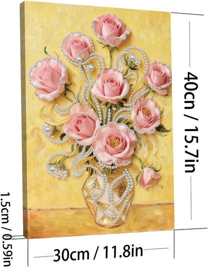 DIY Pearl Art Painting Handcraft Kit for Adults Beginners, Creative Design, Healing Stress-Relieving Home Wall Decoration, with Framed Painting and Tools-Pink Rose