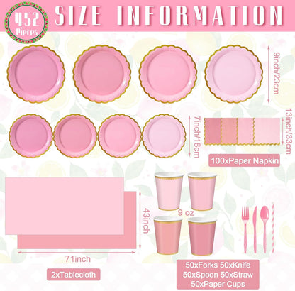 452 Pcs Pink Party Decorations Disposable Tableware Set for 50 Guest