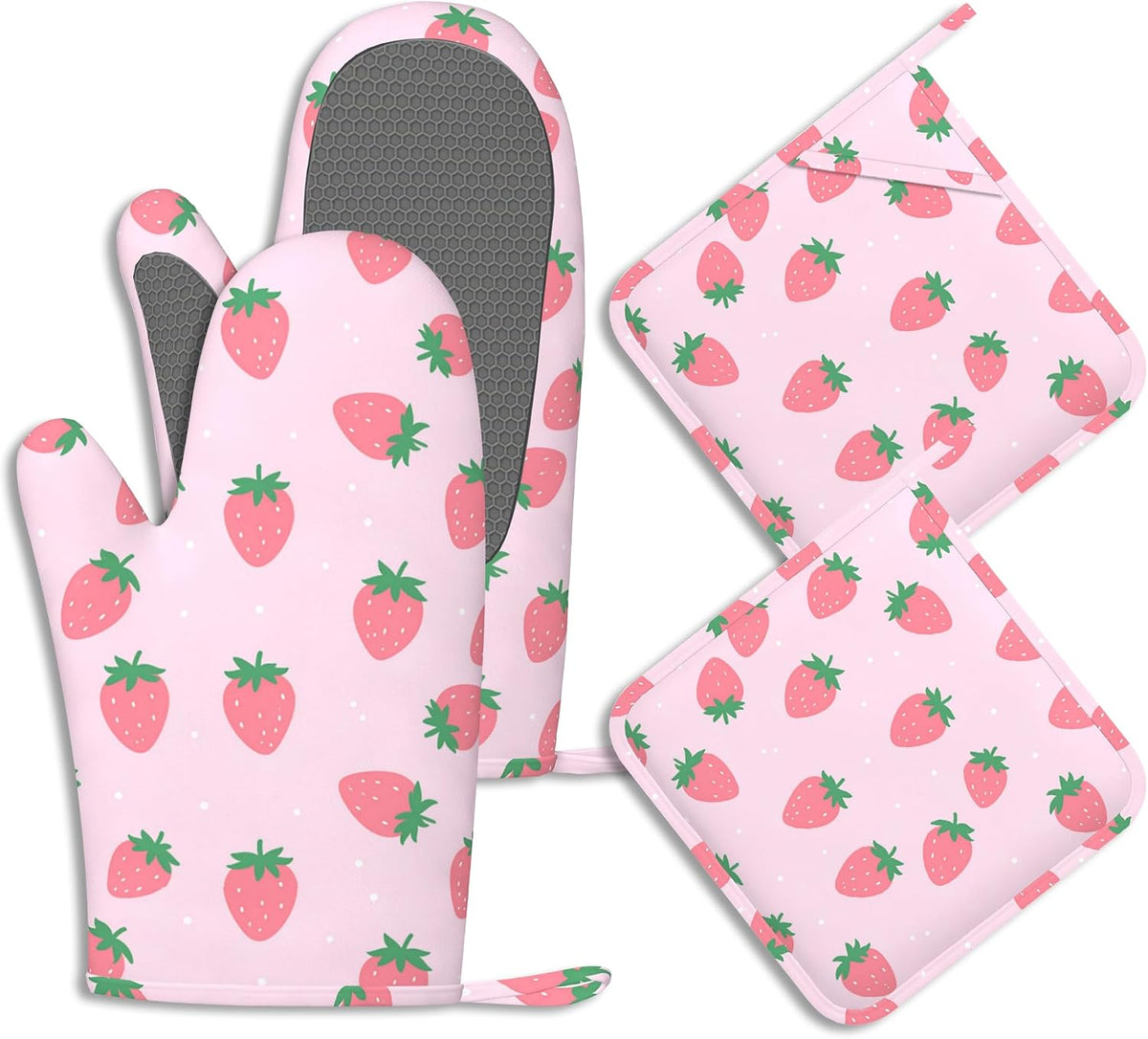 Pink Strawberry Oven Mitts and Pot Holders Cute Summer Fruits Silicone Kitchen Accessories Set of 4 Heat Resistant Non-Slip Long Gloves Potholder for Chef Cooking Baking Gifts Women Men