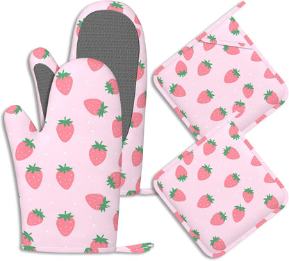 Pink Strawberry Oven Mitts and Pot Holders Cute Summer Fruits Silicone Kitchen Accessories Set of 4 Heat Resistant Non-Slip Long Gloves Potholder for Chef Cooking Baking Gifts Women Men