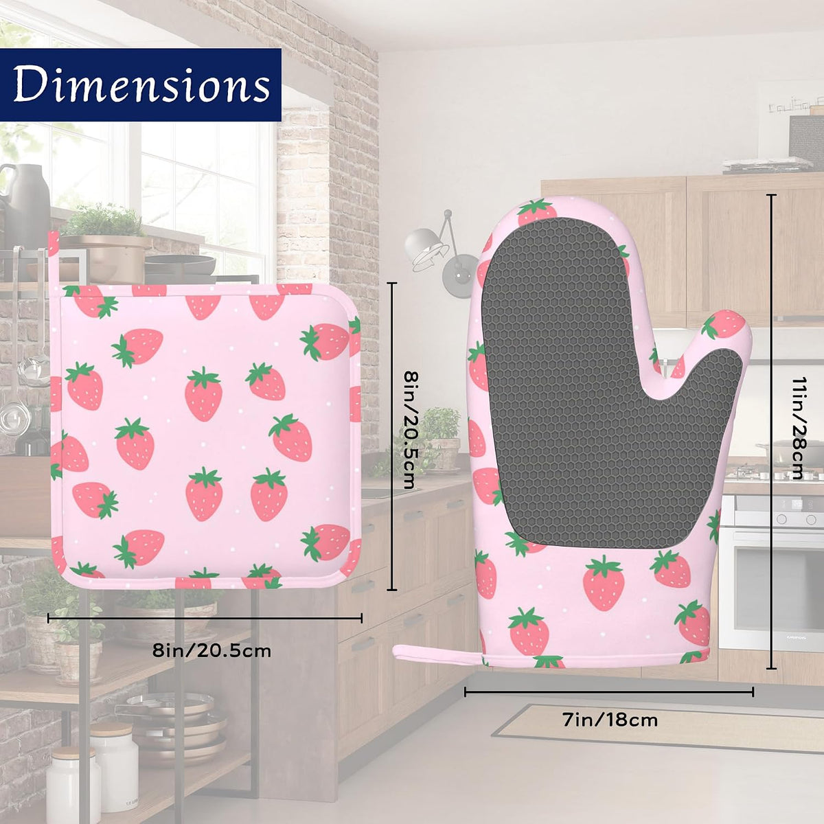 Pink Strawberry Oven Mitts and Pot Holders Cute Summer Fruits Silicone Kitchen Accessories Set of 4 Heat Resistant Non-Slip Long Gloves Potholder for Chef Cooking Baking Gifts Women Men