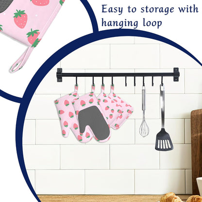Pink Strawberry Oven Mitts and Pot Holders Cute Summer Fruits Silicone Kitchen Accessories Set of 4 Heat Resistant Non-Slip Long Gloves Potholder for Chef Cooking Baking Gifts Women Men