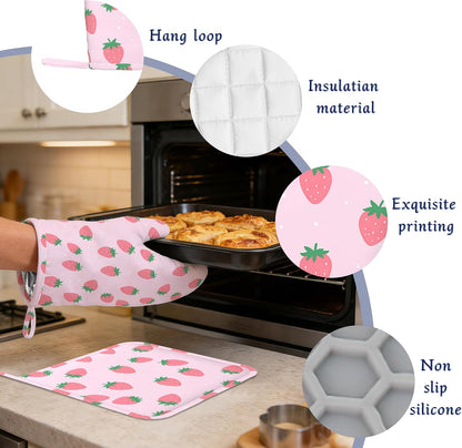Pink Strawberry Oven Mitts and Pot Holders Cute Summer Fruits Silicone Kitchen Accessories Set of 4 Heat Resistant Non-Slip Long Gloves Potholder for Chef Cooking Baking Gifts Women Men