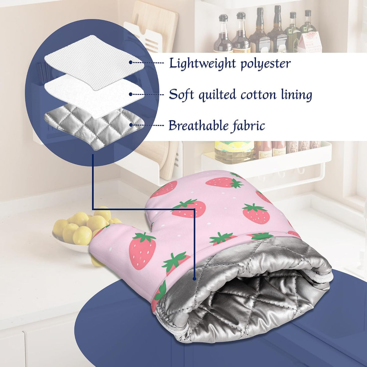 Pink Strawberry Oven Mitts and Pot Holders Cute Summer Fruits Silicone Kitchen Accessories Set of 4 Heat Resistant Non-Slip Long Gloves Potholder for Chef Cooking Baking Gifts Women Men