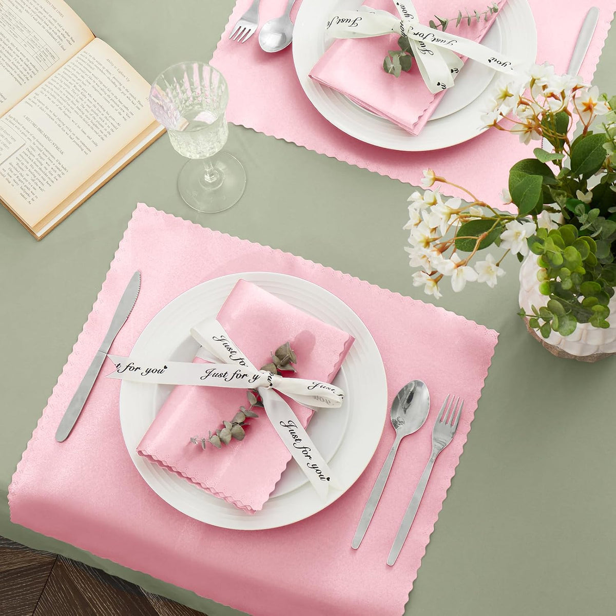 24 Pack Blush Pink Scalloped Satin Napkins 12x12 Inch Wedding