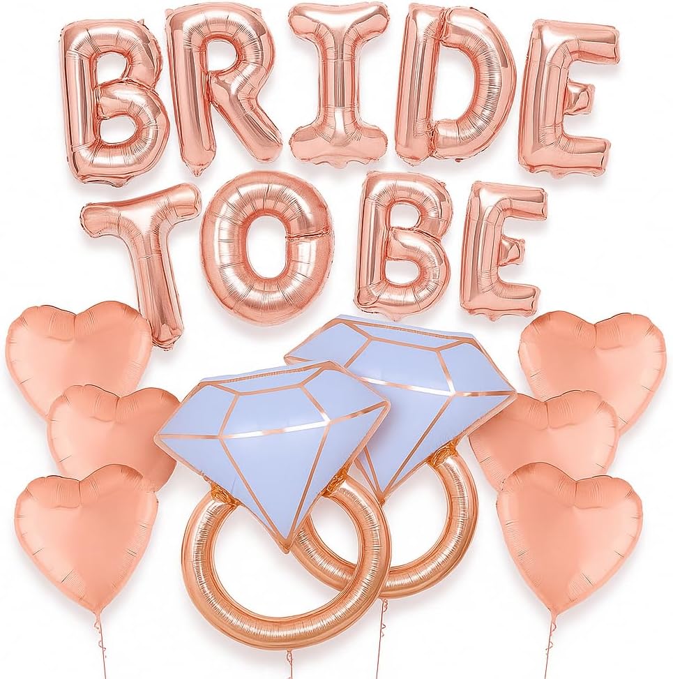 Rose Gold Bride To Be Balloons Set - Pack of 10 | Heart Bride Balloons | Engagement Ring Balloon | Bridal Shower Balloon for Bridal Shower Decorations | Bachelorette Party Decorations