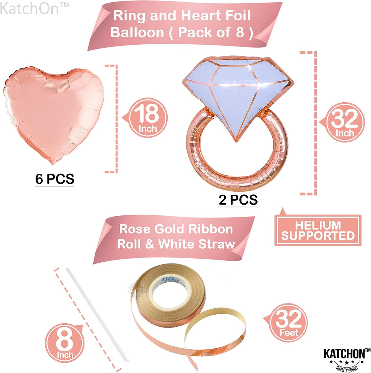 Rose Gold Bride To Be Balloons Set - Pack of 10 | Heart Bride Balloons | Engagement Ring Balloon | Bridal Shower Balloon for Bridal Shower Decorations | Bachelorette Party Decorations