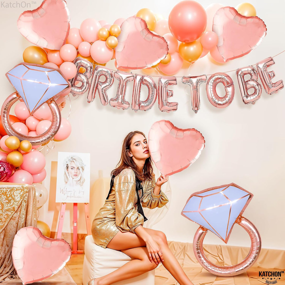 Rose Gold Bride To Be Balloons Set - Pack of 10 | Heart Bride Balloons | Engagement Ring Balloon | Bridal Shower Balloon for Bridal Shower Decorations | Bachelorette Party Decorations