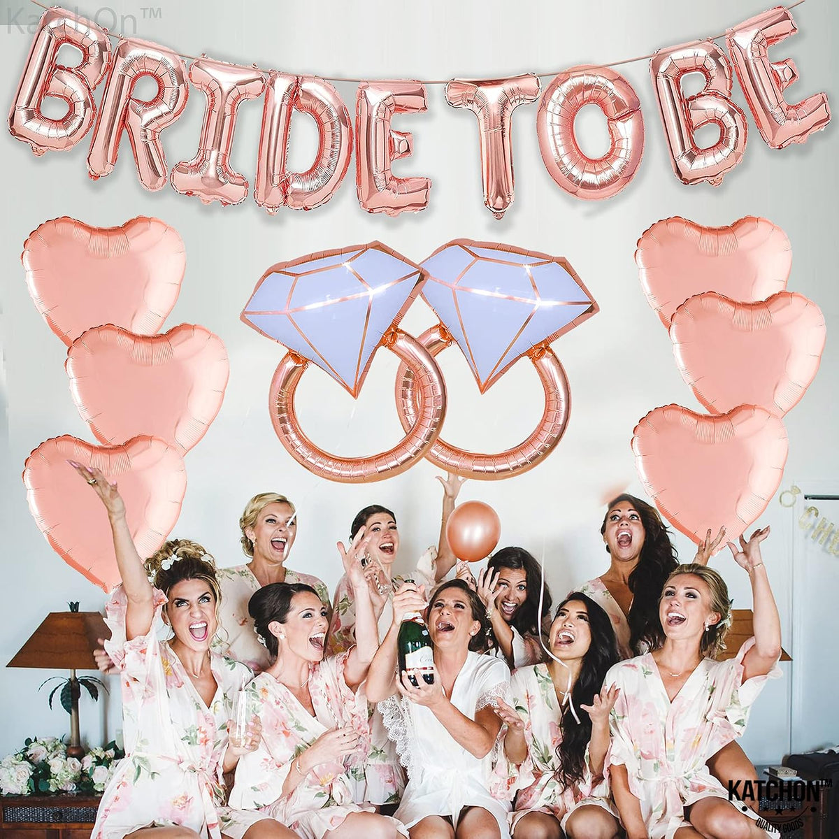Rose Gold Bride To Be Balloons Set - Pack of 10 | Heart Bride Balloons | Engagement Ring Balloon | Bridal Shower Balloon for Bridal Shower Decorations | Bachelorette Party Decorations