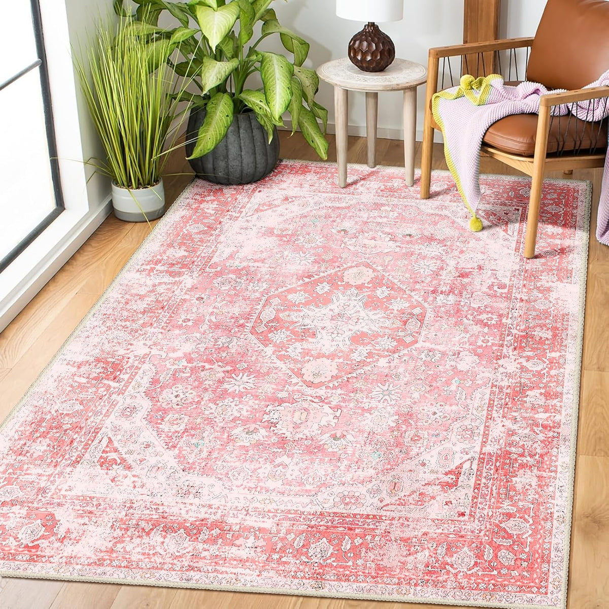 Pink Rug 3x5 Washable Area Rugs Small Low Pile Non Slip Floral