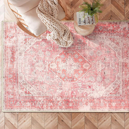 Pink Rug 3x5 Washable Area Rugs Small Low Pile Non Slip Floral
