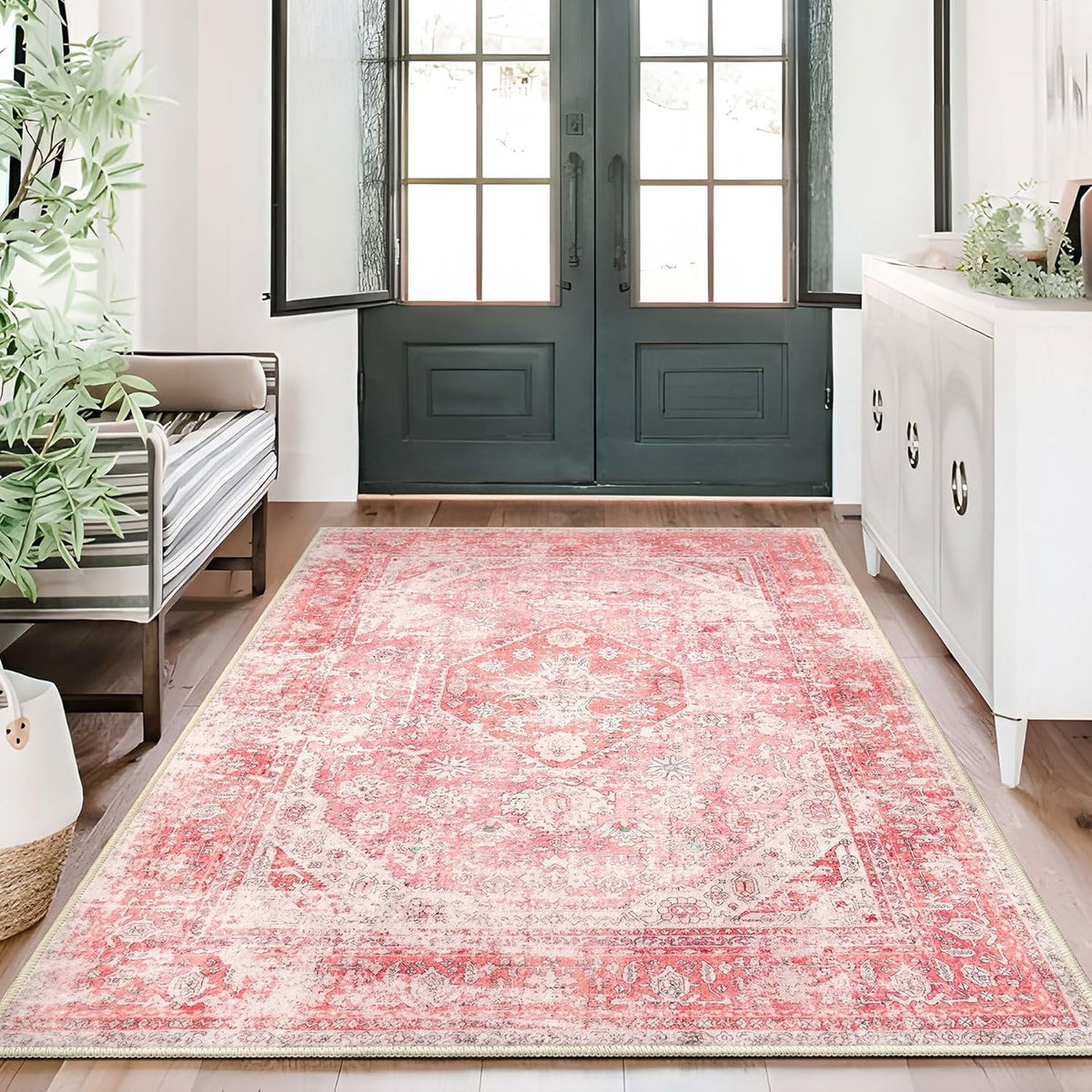 Pink Rug 3x5 Washable Area Rugs Small Low Pile Non Slip Floral