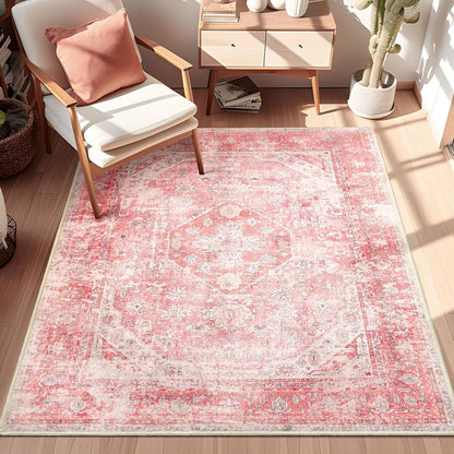 Pink Rug 3x5 Washable Area Rugs Small Low Pile Non Slip Floral
