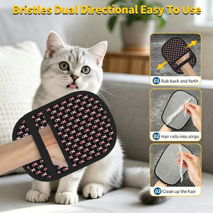 Breast Cancer Awareness Pink Ribbon Pet Hair Removal Glove Dogs Hair Remover Glove Cats Fur Removal Tool with Hanging Loop for Couch 6.7X9.5 in