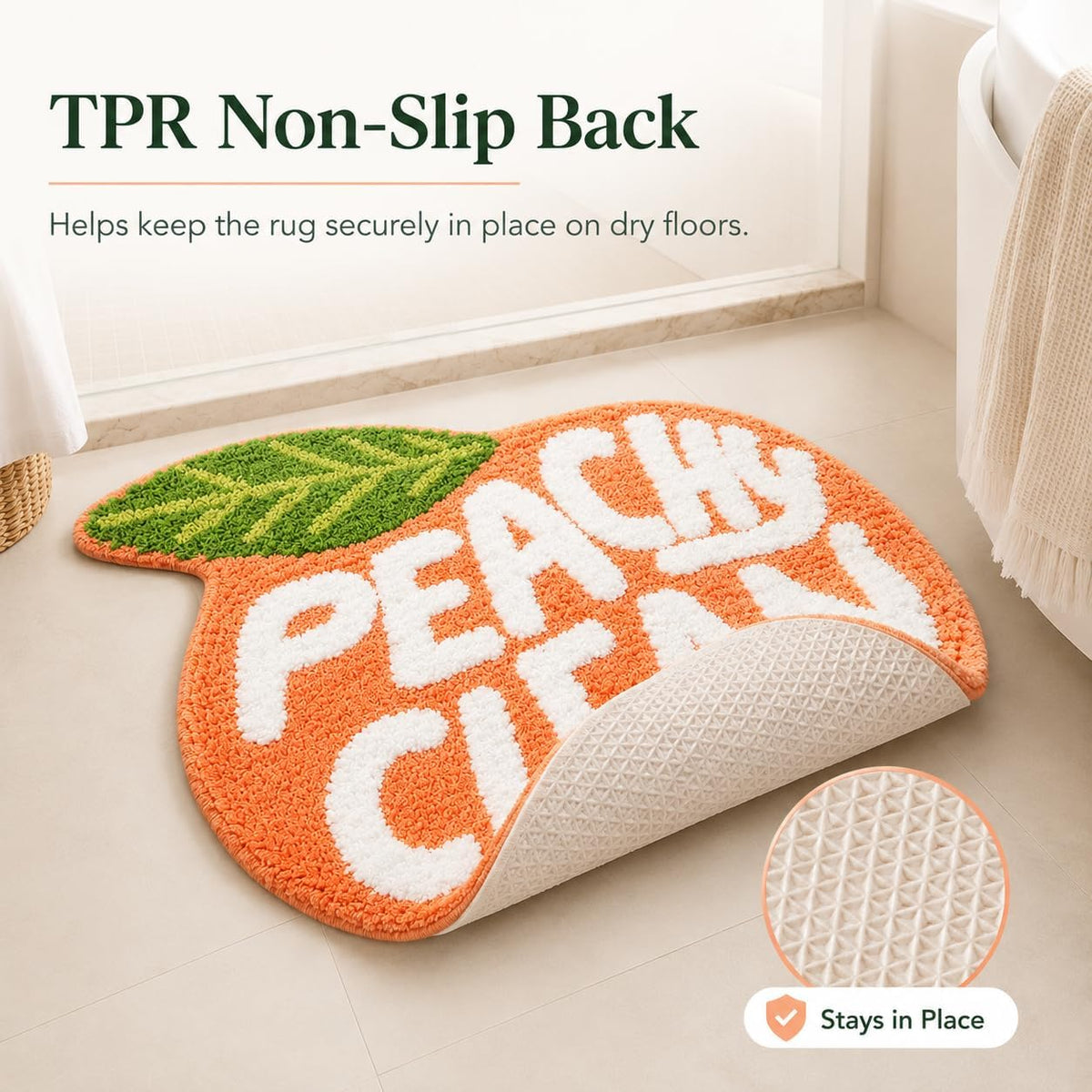 Peach Clean Bath Mat, Decor Door Mat Bathroom Area Rug Peachy, Soft & Absorbent Plush Coral Fabric, Also for Bedroom, Toilet Non-Slip and Washable