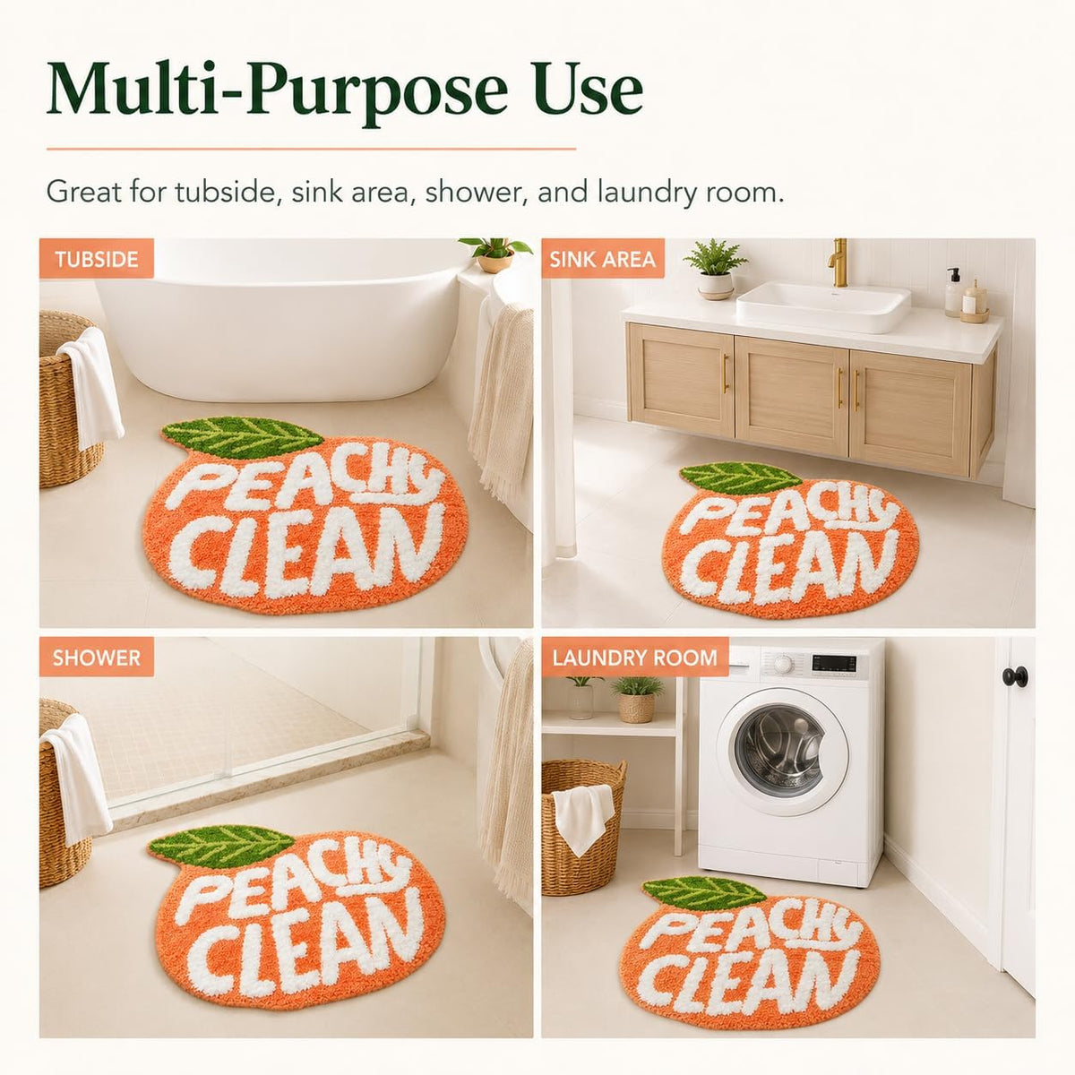 Peach Clean Bath Mat, Decor Door Mat Bathroom Area Rug Peachy, Soft & Absorbent Plush Coral Fabric, Also for Bedroom, Toilet Non-Slip and Washable