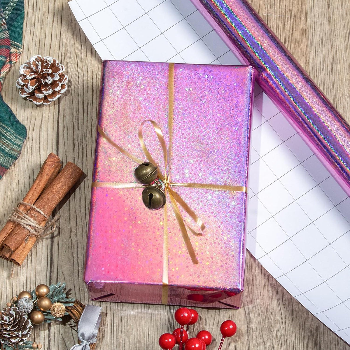 Burymento Pink Wrapping Paper Roll, Metallic Holographic Star Gift Wrap for Birthday, Valentines, Mothers day, Graduation, Wedding, Fathers day, Baby Shower, Christmas (17 IN x 32.8 FT)
