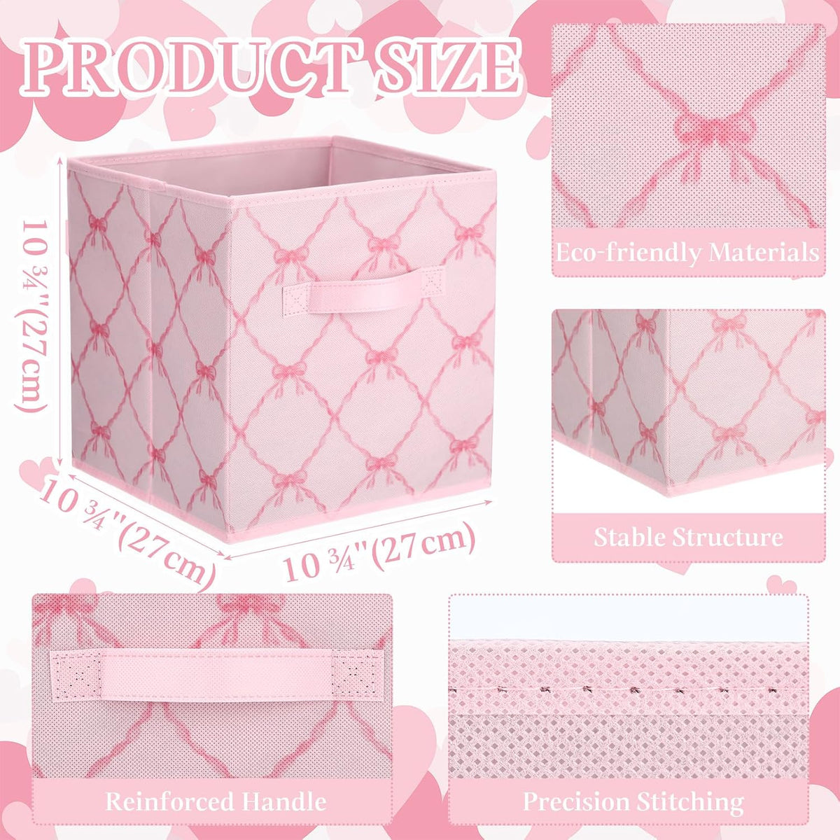 6 Pcs Light Pink Bow Cube Storage Bins 11 Inch Storage Basket