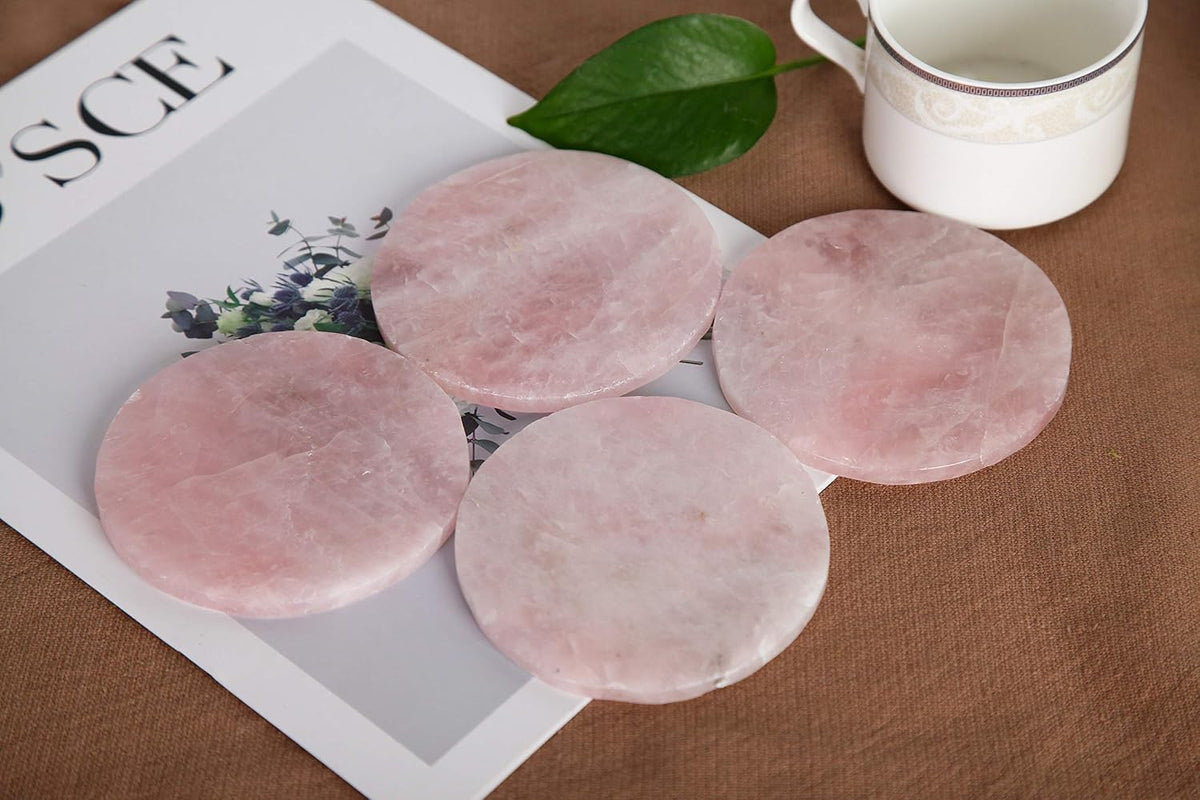 Set of 4 Pink Rose Quartz Crystal Coasters Healing Gemstone Slices