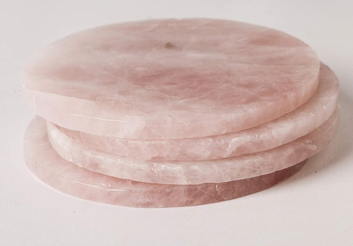 Set of 4 Pink Rose Quartz Crystal Coasters Healing Gemstone Slices