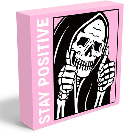 Cute Halloween Decor Indoor Skull Gothic Home Decor Goth Decor Halloween Skeletons Stay Positive Skulls Skeleton Man Sign for Home Office Desk Accessories Gifts 5 x 5 Inches (Pink)