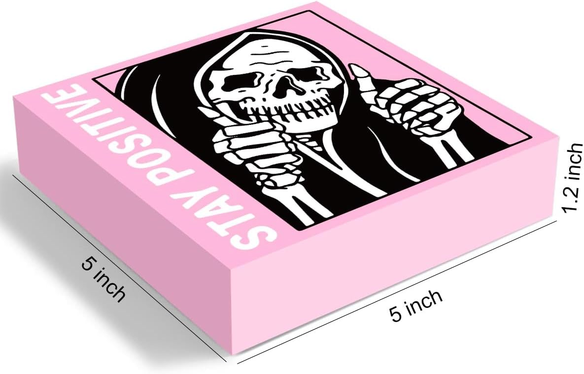 Cute Halloween Decor Indoor Skull Gothic Home Decor Goth Decor Halloween Skeletons Stay Positive Skulls Skeleton Man Sign for Home Office Desk Accessories Gifts 5 x 5 Inches (Pink)