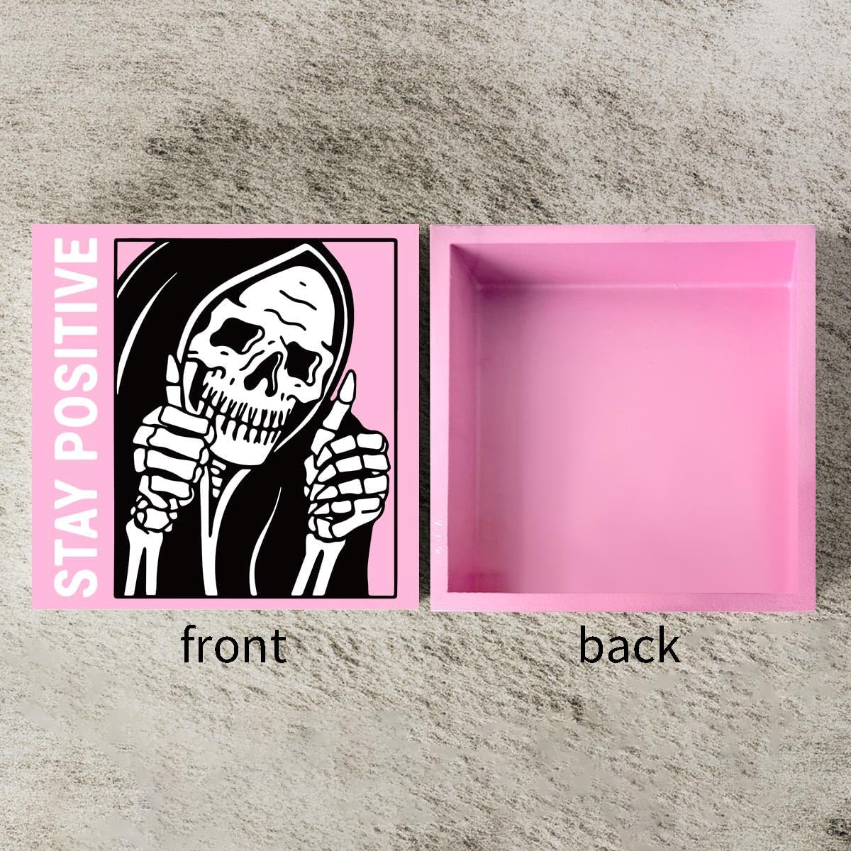 Cute Halloween Decor Indoor Skull Gothic Home Decor Goth Decor Halloween Skeletons Stay Positive Skulls Skeleton Man Sign for Home Office Desk Accessories Gifts 5 x 5 Inches (Pink)