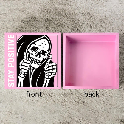 Cute Halloween Decor Indoor Skull Gothic Home Decor Goth Decor Halloween Skeletons Stay Positive Skulls Skeleton Man Sign for Home Office Desk Accessories Gifts 5 x 5 Inches (Pink)