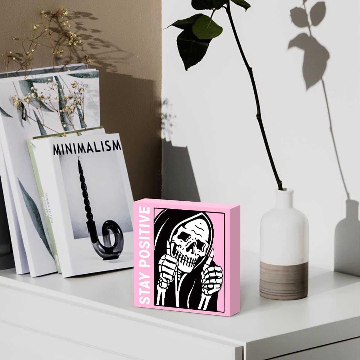 Cute Halloween Decor Indoor Skull Gothic Home Decor Goth Decor Halloween Skeletons Stay Positive Skulls Skeleton Man Sign for Home Office Desk Accessories Gifts 5 x 5 Inches (Pink)