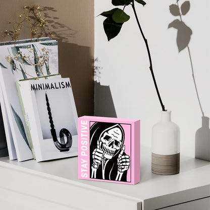 Cute Halloween Decor Indoor Skull Gothic Home Decor Goth Decor Halloween Skeletons Stay Positive Skulls Skeleton Man Sign for Home Office Desk Accessories Gifts 5 x 5 Inches (Pink)