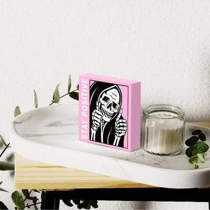 Cute Halloween Decor Indoor Skull Gothic Home Decor Goth Decor Halloween Skeletons Stay Positive Skulls Skeleton Man Sign for Home Office Desk Accessories Gifts 5 x 5 Inches (Pink)