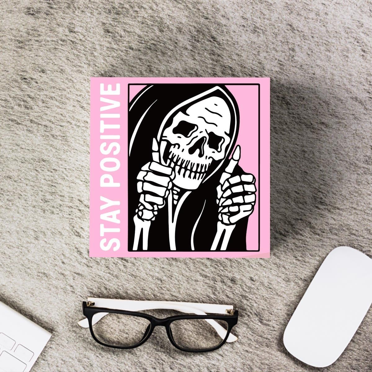 Cute Halloween Decor Indoor Skull Gothic Home Decor Goth Decor Halloween Skeletons Stay Positive Skulls Skeleton Man Sign for Home Office Desk Accessories Gifts 5 x 5 Inches (Pink)