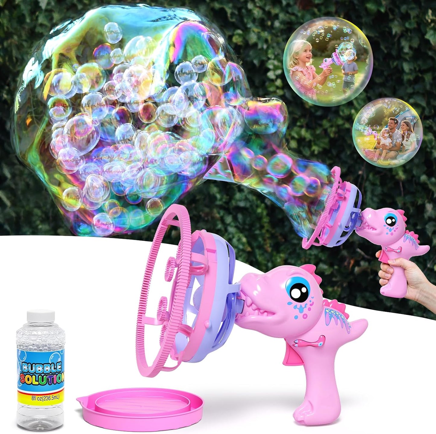 Dinosaur Bubble Gun for Girls, Pink Outdoor Bubble Machine Toy Ages 3-8