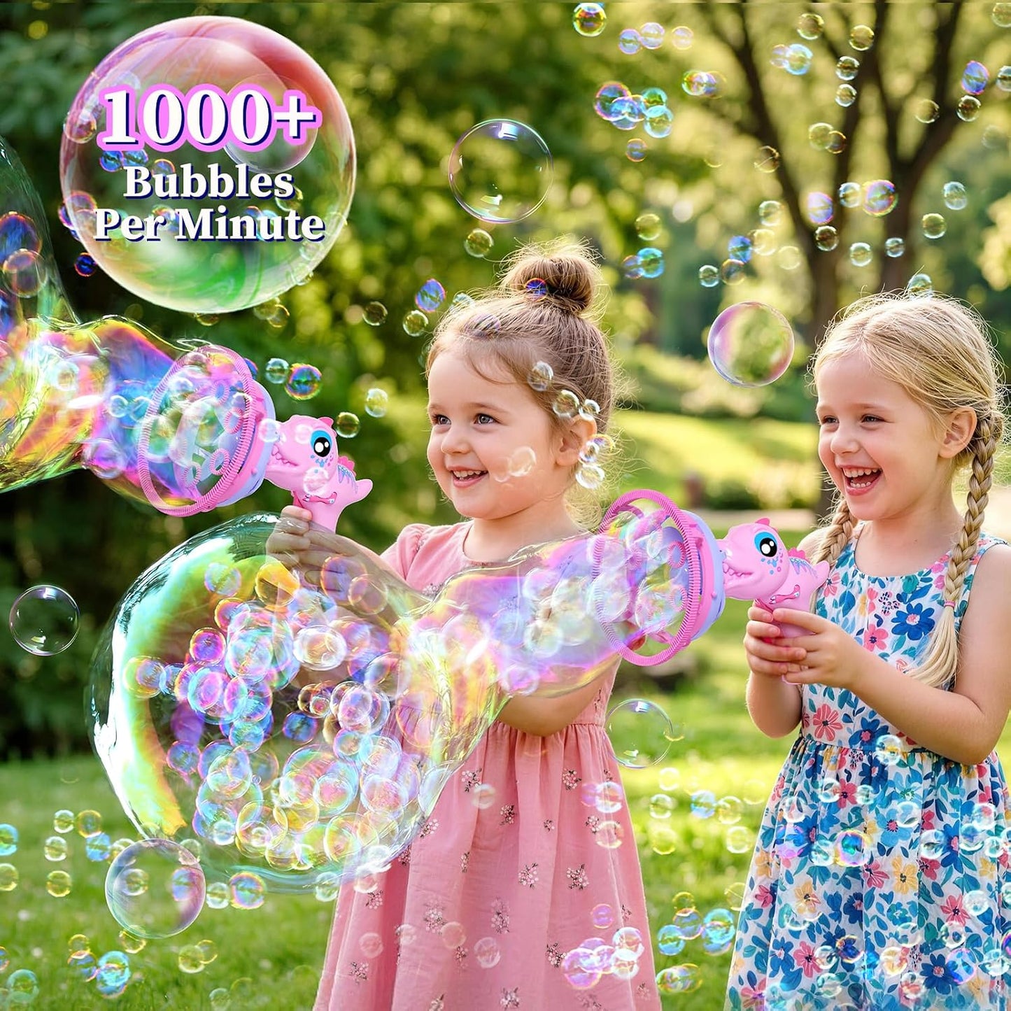 Dinosaur Bubble Gun for Girls, Pink Outdoor Bubble Machine Toy Ages 3-8