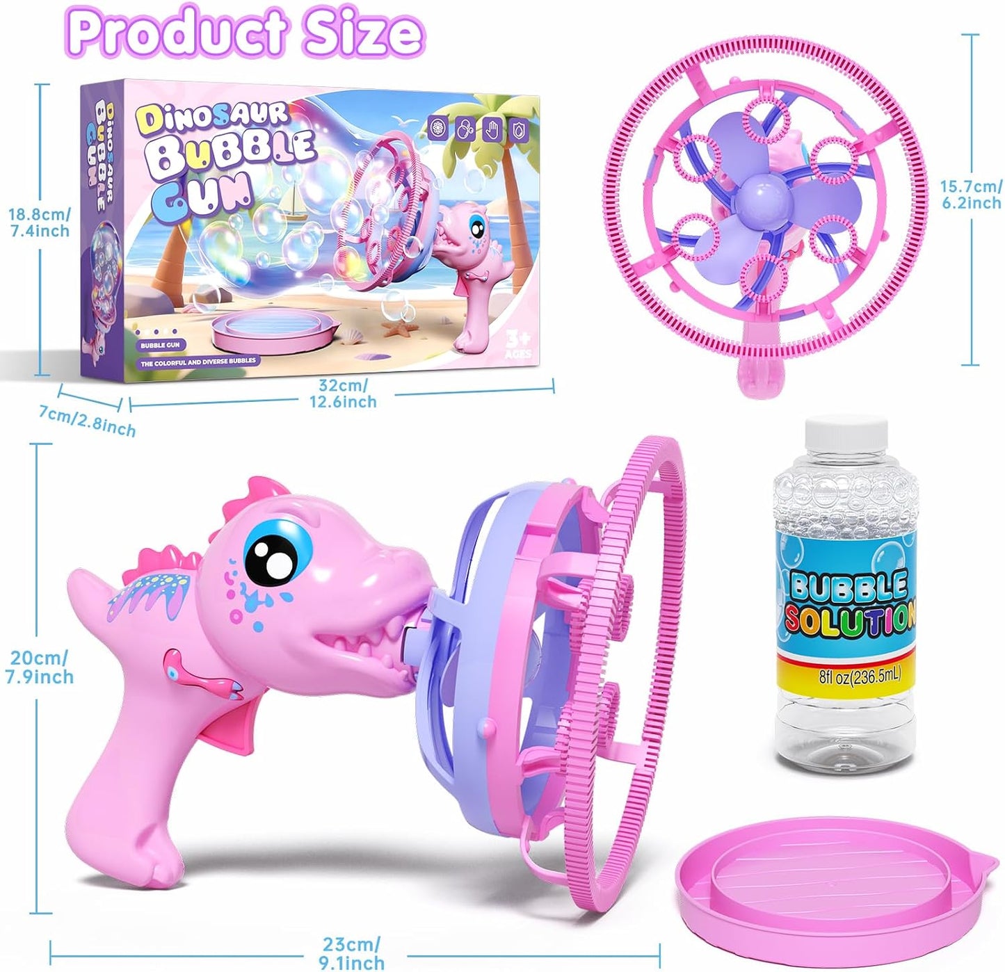 Dinosaur Bubble Gun for Girls, Pink Outdoor Bubble Machine Toy Ages 3-8