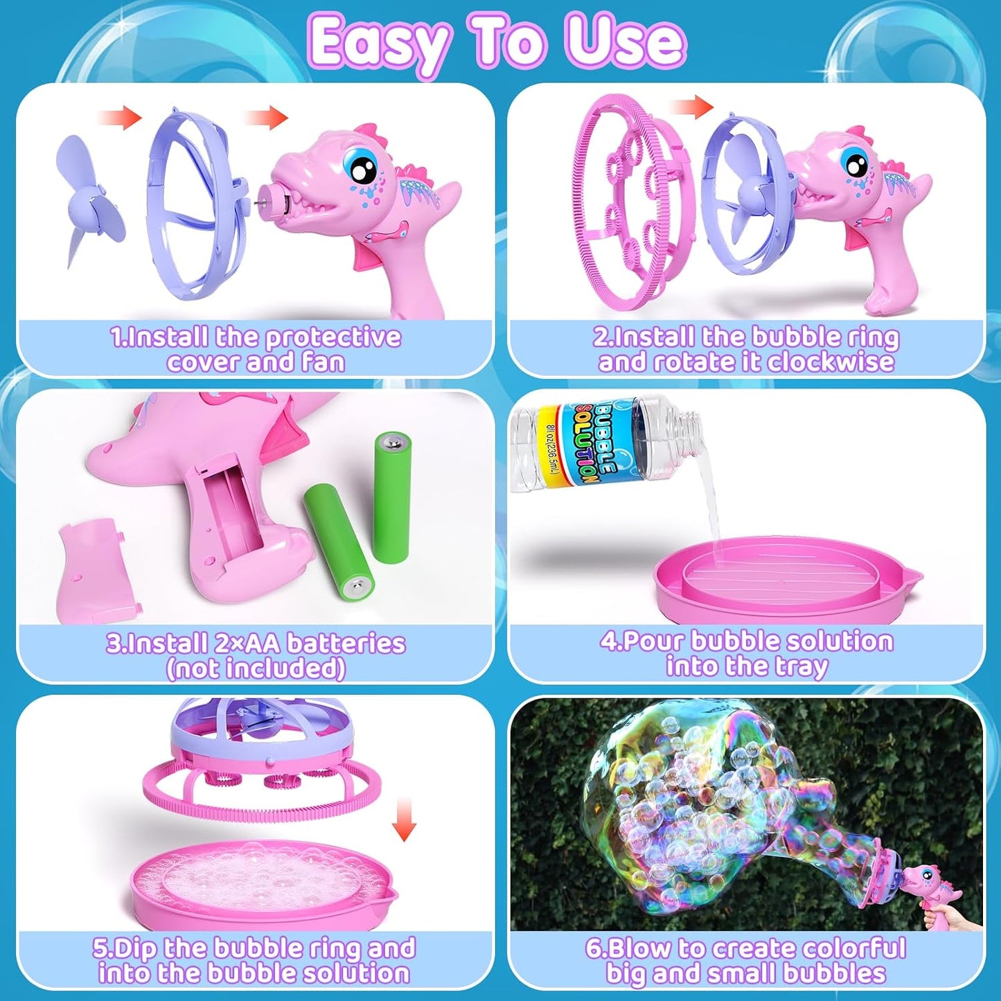 Dinosaur Bubble Gun for Girls, Pink Outdoor Bubble Machine Toy Ages 3-8