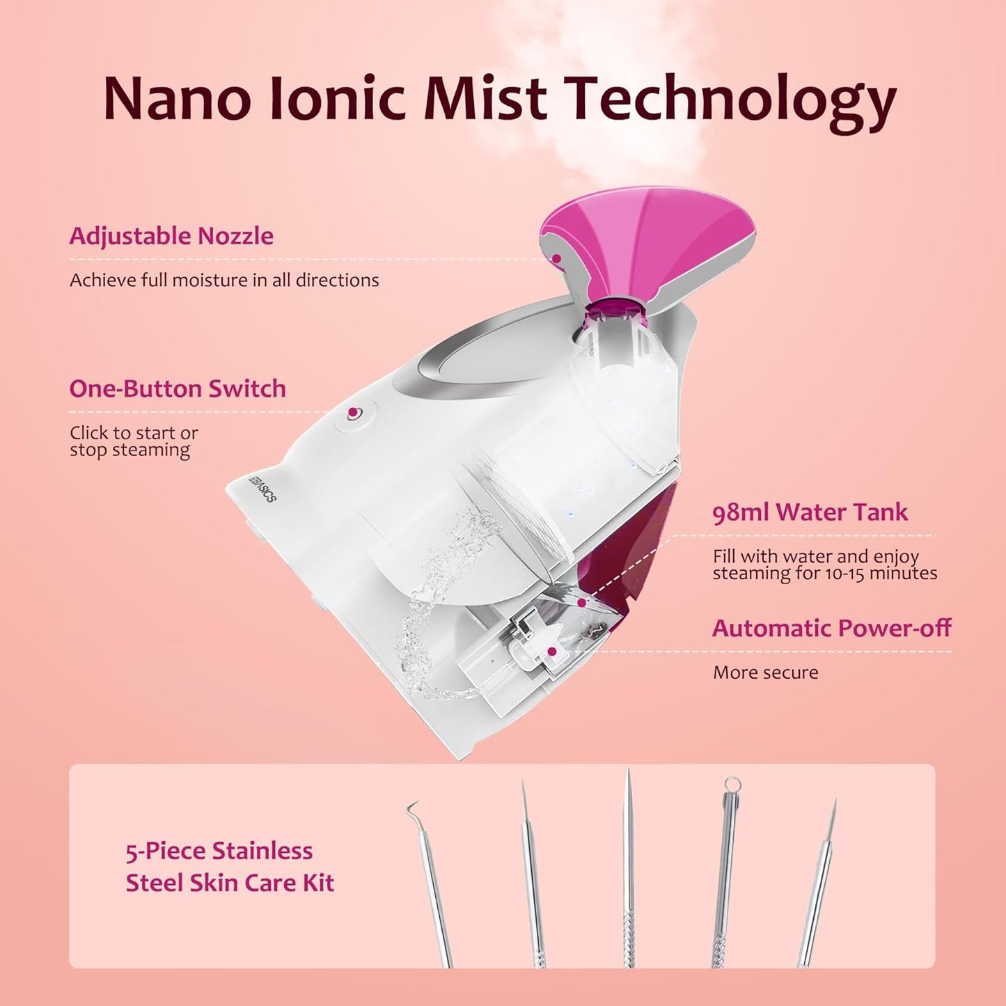 Facial Steamer - Professional Nano Ionic Face Steamer for Facial Deep Cleaning, Warm Mist Humidifier for Home Spa, Unclogs Pores Sinus, Bonus 5 Piece Stainless Steel Skin Kit (Pink)