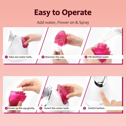 Facial Steamer - Professional Nano Ionic Face Steamer for Facial Deep Cleaning, Warm Mist Humidifier for Home Spa, Unclogs Pores Sinus, Bonus 5 Piece Stainless Steel Skin Kit (Pink)