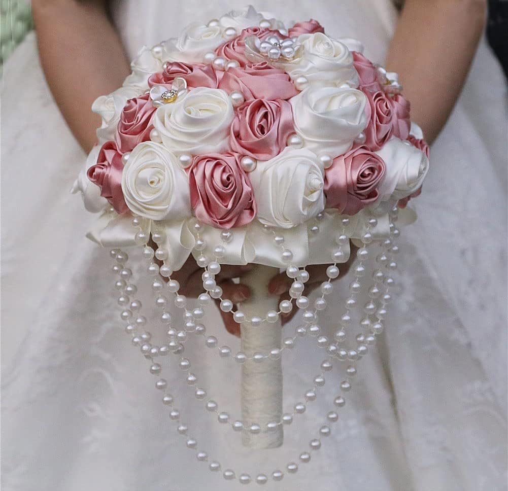Pink Wedding Bouquet with Brooch Pearl String Cascade Bouquet for Bride Bridesmaid Quinceanera Artificial Satin Rose Flower Bridal Bouquet Wedding Blush Pink and Ivory 8.7in