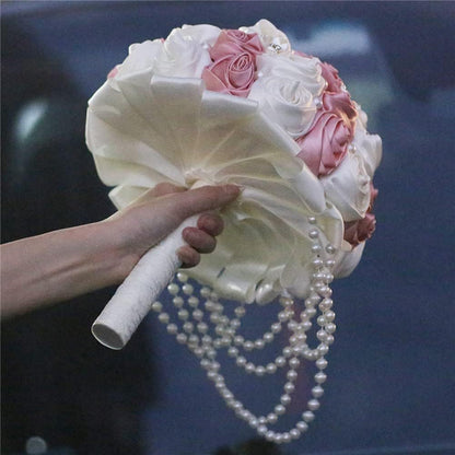 Pink Wedding Bouquet with Brooch Pearl String Cascade Bouquet for Bride Bridesmaid Quinceanera Artificial Satin Rose Flower Bridal Bouquet Wedding Blush Pink and Ivory 8.7in