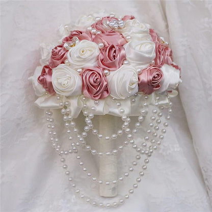 Pink Wedding Bouquet with Brooch Pearl String Cascade Bouquet for Bride Bridesmaid Quinceanera Artificial Satin Rose Flower Bridal Bouquet Wedding Blush Pink and Ivory 8.7in