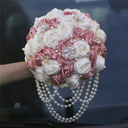 Pink Wedding Bouquet with Brooch Pearl String Cascade Bouquet for Bride Bridesmaid Quinceanera Artificial Satin Rose Flower Bridal Bouquet Wedding Blush Pink and Ivory 8.7in