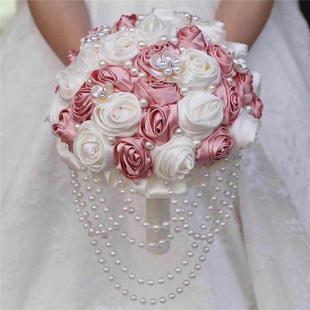 Pink Wedding Bouquet with Brooch Pearl String Cascade Bouquet for Bride Bridesmaid Quinceanera Artificial Satin Rose Flower Bridal Bouquet Wedding Blush Pink and Ivory 8.7in