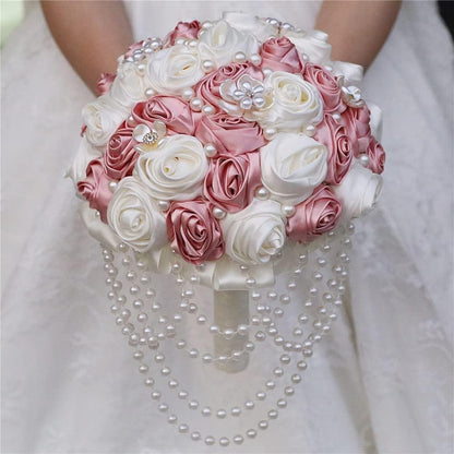 Pink Wedding Bouquet with Brooch Pearl String Cascade Bouquet for Bride Bridesmaid Quinceanera Artificial Satin Rose Flower Bridal Bouquet Wedding Blush Pink and Ivory 8.7in