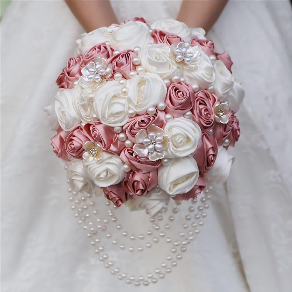 Pink Wedding Bouquet with Brooch Pearl String Cascade Bouquet for Bride Bridesmaid Quinceanera Artificial Satin Rose Flower Bridal Bouquet Wedding Blush Pink and Ivory 8.7in