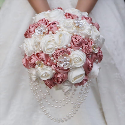 Pink Wedding Bouquet with Brooch Pearl String Cascade Bouquet for Bride Bridesmaid Quinceanera Artificial Satin Rose Flower Bridal Bouquet Wedding Blush Pink and Ivory 8.7in