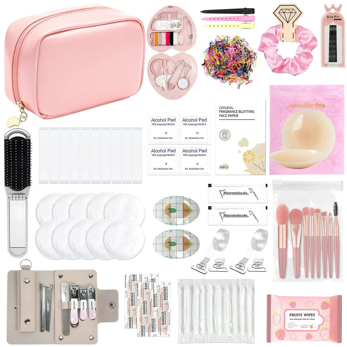 Women's Wedding Emergency Kit for Bride Wedding Survival Set with Makeup Bag, 42 Pc Wedding Daily Travel Essential Items (Pink)