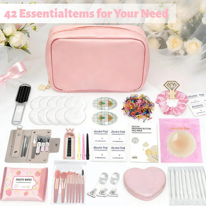 Women's Wedding Emergency Kit for Bride Wedding Survival Set with Makeup Bag, 42 Pc Wedding Daily Travel Essential Items (Pink)