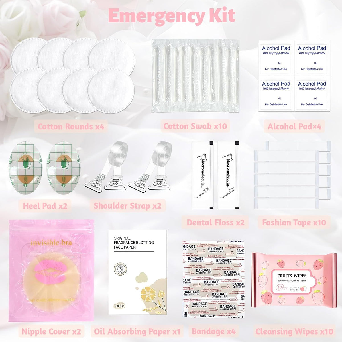 Women's Wedding Emergency Kit for Bride Wedding Survival Set with Makeup Bag, 42 Pc Wedding Daily Travel Essential Items (Pink)